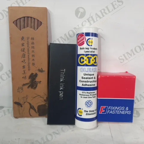 LOT OF APPROXIMATELY 10 ASSORTED HOUSEHOLD ITEMS TO INCLUDE UNIQUE SEALANT & CONSTRUCTION ADHESIVE, THINK INK PEN, FIXINGS & FASTENERS, ETC