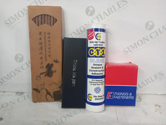 LOT OF APPROXIMATELY 10 ASSORTED HOUSEHOLD ITEMS TO INCLUDE UNIQUE SEALANT & CONSTRUCTION ADHESIVE, THINK INK PEN, FIXINGS & FASTENERS, ETC