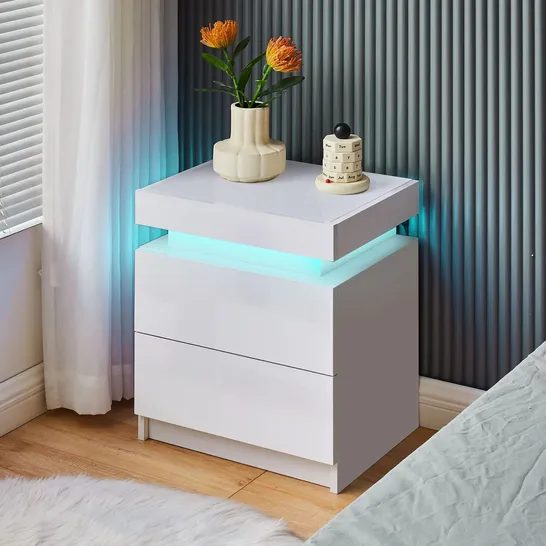 BOXED KUMAR LED LIGHT BEDSIDE NIGHTSTAND [2 DRAWERS] IN WHITE