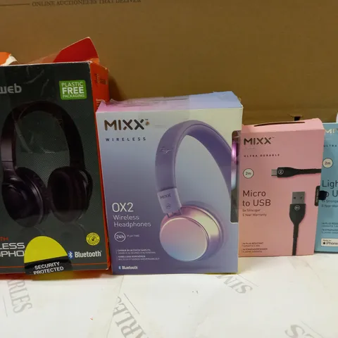 BOX OF APPROXIMATELY 20 ASSORTED HOUSEHOLD ITEMS TO INCLUDE MIXX LIGHTNING TO USB CABLE, MIXX 0X2 WIRELESS HEADPHONES, BLACKWEB BLUETOOTH WIRELESS HEADPHONES, ETC