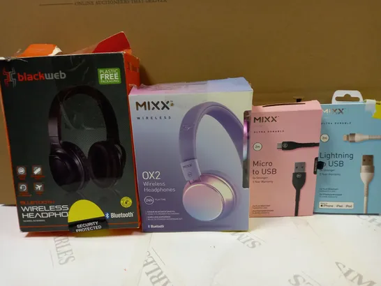 BOX OF APPROXIMATELY 20 ASSORTED HOUSEHOLD ITEMS TO INCLUDE MIXX LIGHTNING TO USB CABLE, MIXX 0X2 WIRELESS HEADPHONES, BLACKWEB BLUETOOTH WIRELESS HEADPHONES, ETC