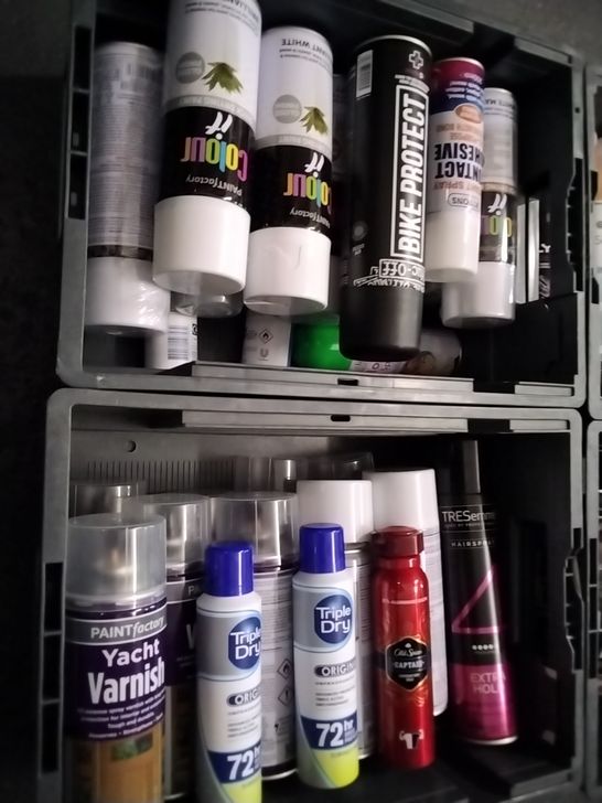 4 CRATES OF ASSORTED AEROSOLS TO INCLUDE MUC-OFF BIKE WASH, COLOR IT SPRAY PAINT AND SILICONE LUBRICANT SPRAY
