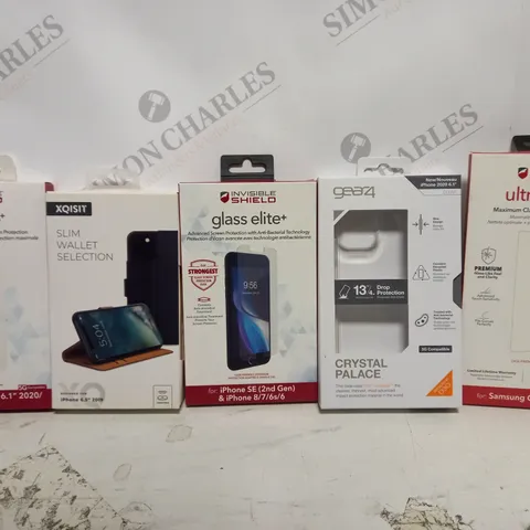 BOX OF APPROX 15 ASSORTED PHONE ITEMS TO INCLUDE - XQISIT SLIM WALLET SELECTION IPHONE 6.5 - GEAR4 IPHONE 2020 CLEAR CASE - INVISIBLE SHIELD IPHONE 6.1 ETC