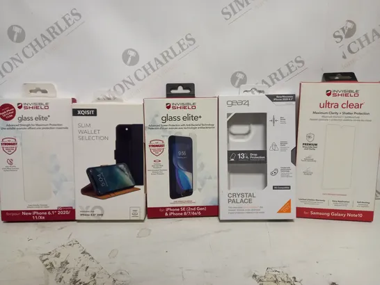 BOX OF APPROX 15 ASSORTED PHONE ITEMS TO INCLUDE - XQISIT SLIM WALLET SELECTION IPHONE 6.5 - GEAR4 IPHONE 2020 CLEAR CASE - INVISIBLE SHIELD IPHONE 6.1 ETC