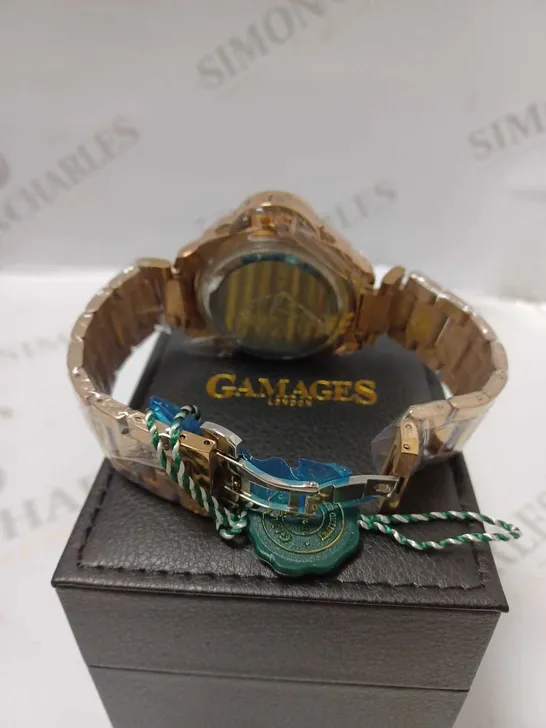 GAMAGES MOMENTUM ROSE TRIPLE DATE DIAL TACHYMETER BRACELET STRAP WRISTWATCH	