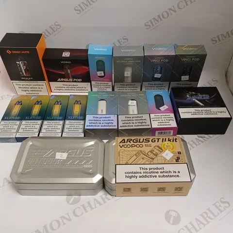 BOX OF APPROXIMATELY 30 E-CIGARETTE PRODUCTS TO INCLUDE VOOPOO ARGUS PRO, VOO POO VINCI POD, ARGUS GT II KIT ETC