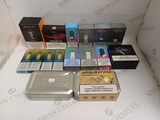 BOX OF APPROXIMATELY 30 E-CIGARETTE PRODUCTS TO INCLUDE VOOPOO ARGUS PRO, VOO POO VINCI POD, ARGUS GT II KIT ETC