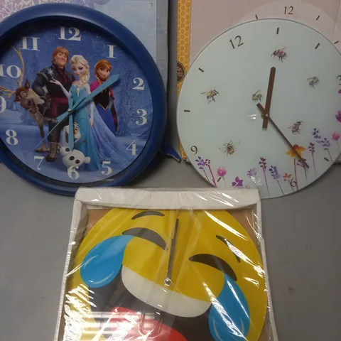 LOT OF 3 ASSORTED WALL CLOCKS INCLUDE SMILEY, FROZEN AND BEE THEMES