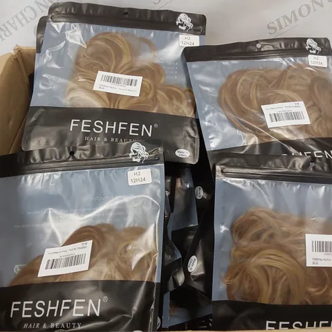 BOX CONTAINING APPROXIMATELY 100 FESHFEN BLONDE/BROWN HAIR BUN EXTENSIONS