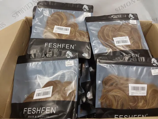 BOX CONTAINING APPROXIMATELY 100 FESHFEN BLONDE/BROWN HAIR BUN EXTENSIONS