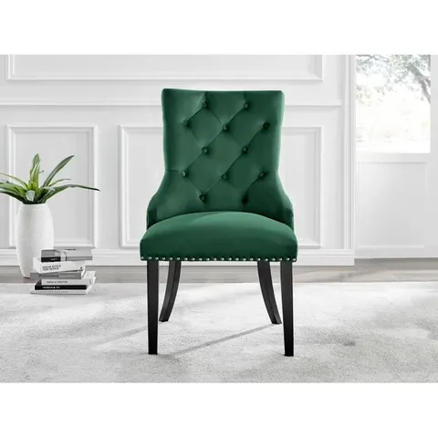 BOXED SET OF 2 BELGRAVIA VELVET KNOCKERBACK DINING CHAIRS IN GREEN WITH BLACK LEGS
