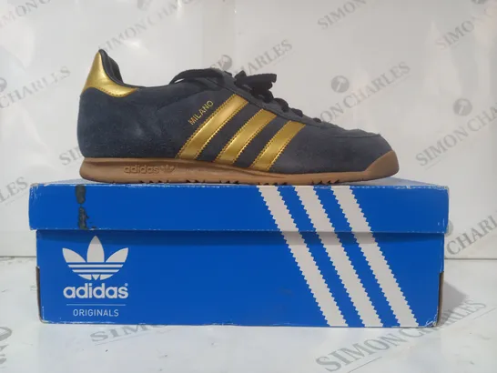 BOXED PAIR OF ADIDAS MILANO SHOES IN BLUE/METALLIC GOLD UK SIZE 8