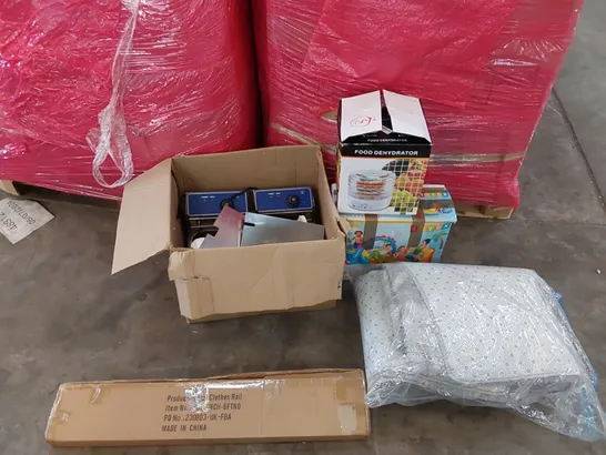 PALLET OF ASSORTED CONSUMER GOODS AND FURNITURE PRODUCTS TO INCLUDE; COMMERCIAL FRYER, FOOD DEHYDRATOR, CLOTHES RAIL, LARGE RUG, KID'S PLAY POOL ECT.