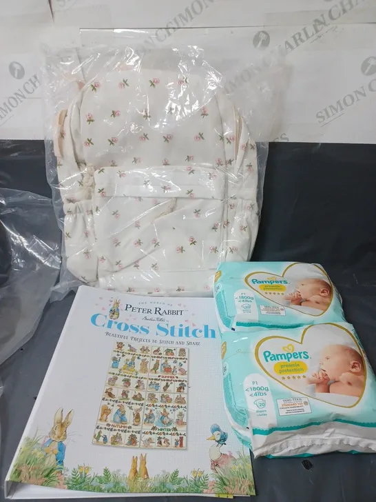 APPROXIMATELY 20 ASSORTED HOUSEHOLD ITEMS TO INCLUDE BACKPACK, PAMPERS PREEMIE NAPPIES ETC