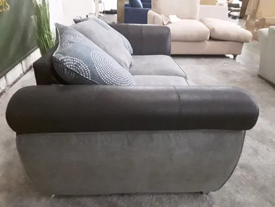 QUALITY DESIGNER 2 SEATER SOFA - GREY FABRIC/BLACK LEATHER