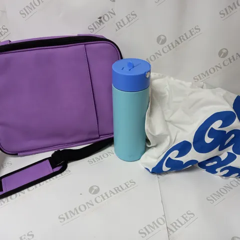 APPROXIMATELY 8 ASSORTED ITEMS TO INCLUDE TYPO LAPTOP SHOULDER BAG, TOTE BAG, METAL DRINK BOTTLE ETC. 