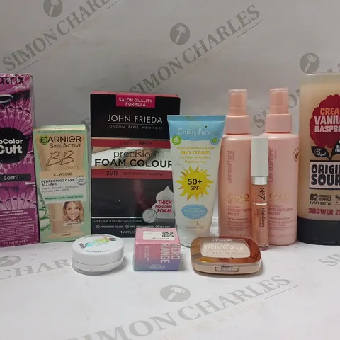 BOX OF APPROX 10 ASSORTED BEAUTY PRODUCTS TO INCLUDE GARNIER BB CREAM, LEE STAFFORD COCOLOCO MOISTURE MIST, L'OREAL HIGHLIGHTING POWDER #ICOCONIC GLOW, ETC 