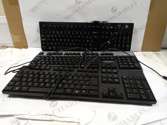 LOT OF APPROXIMATELY 12 ASSORTED KEYBOARDS TO INCLUDE DELL WIRED KEYBOARD (KB1421), HP WIRED KEYBOARD (KU-03316), LOGITECH WIRED KEYBOARD (K120), ETC