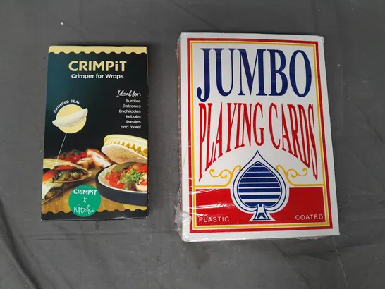 BOX OF APPROXIMATELY 10 ASSORTED HOUSEHOLD ITEMS TO INCLUDE CRIMPIT CRIMER FOR WRAPS, JUMBO PLAYING CARDS, ETC