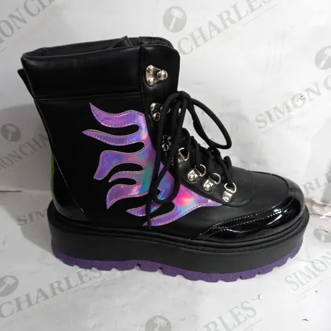 PAIR OF KOI VEGAN LEATHER ANKLE PLATFORM BOOTS IN BLACK WITH A PURPLE FLAME DESIGN - SIZE 9