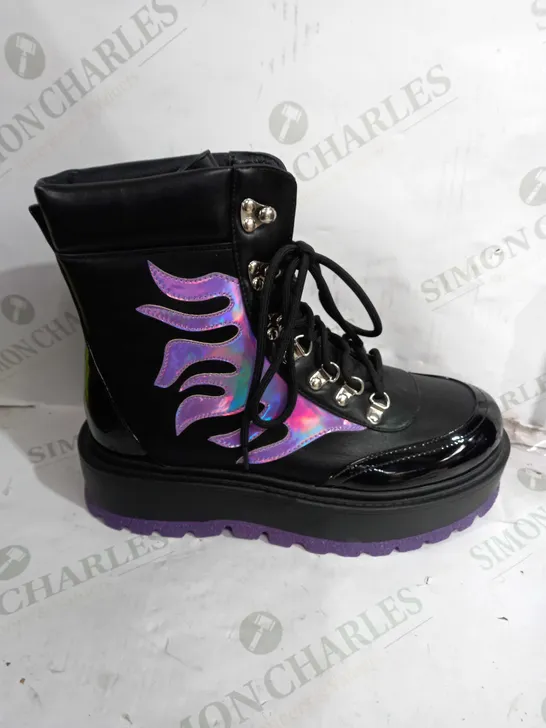 PAIR OF KOI VEGAN LEATHER ANKLE PLATFORM BOOTS IN BLACK WITH A PURPLE FLAME DESIGN - SIZE 9