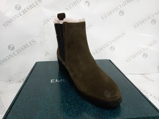 BOXED PAIR OF EMU AUSTRALIA ELLIN SUEDE DARK OLIVE ANKLE BOOTS - SIZE 7