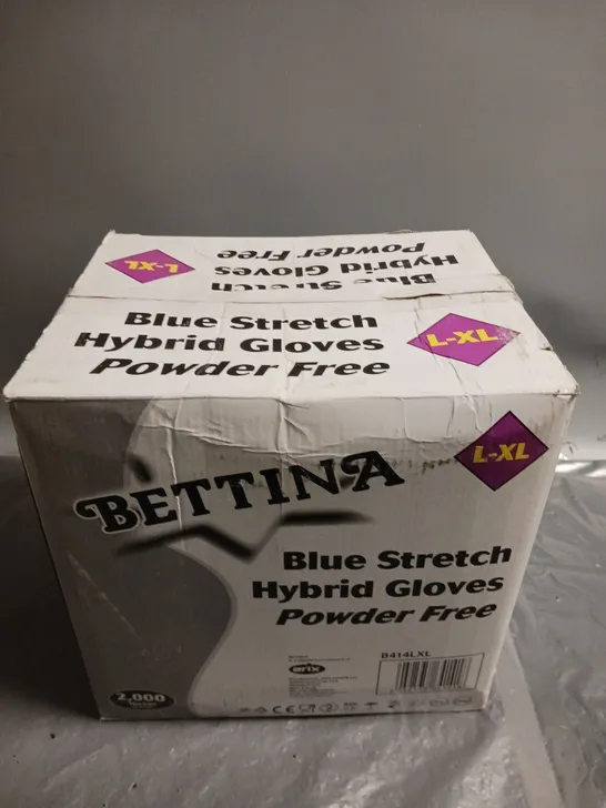 BOXED BETTINA BLUE STRETCH HYBRID POWDER FREE GLOVES - SIZE L/XL (QTY 2000)