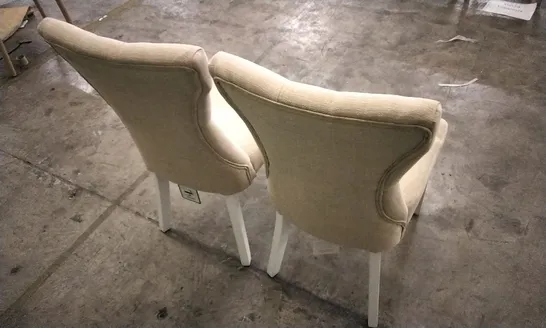 PAIR OF BEWLEY OATMEAL FABRIC BUTTON BACK DINING CHAIRS WITH WHITE LEGS