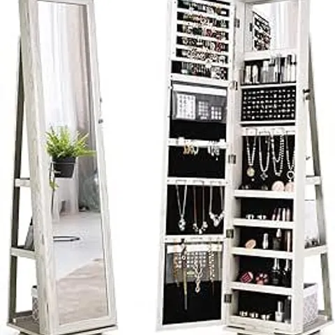 BOXED COSTWAY 3-IN-1 JEWELRY CABINET, LOCKABLE JEWELRY ARMOIRE STORAGE UNIT WITH FULL LENGTH MIRROR AND DISPLAY SHELF, HOME BEDROOM DRESSING ROOM COSMETICS JEWELLERY ORGANISER (360° SWIVEL WHITE)