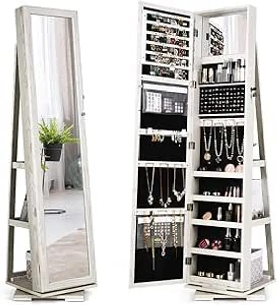 BOXED COSTWAY 3-IN-1 JEWELRY CABINET, LOCKABLE JEWELRY ARMOIRE STORAGE UNIT WITH FULL LENGTH MIRROR AND DISPLAY SHELF, HOME BEDROOM DRESSING ROOM COSMETICS JEWELLERY ORGANISER (360° SWIVEL WHITE)