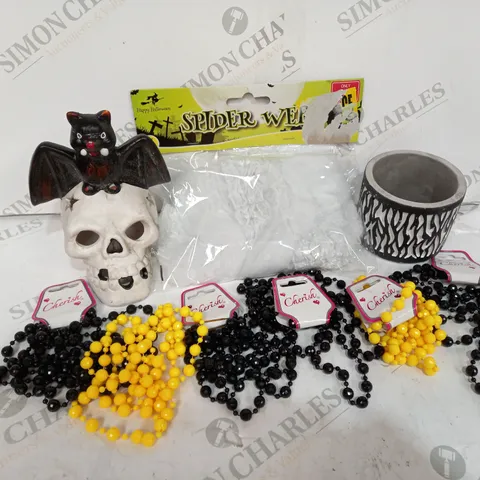 BOX OF APPROXIMATELY 15 ITEMS TO INCLUDE COLOURED BEADS, SKELETON HEAD, SPIDER WEB DECOR