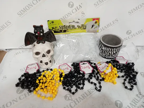 BOX OF APPROXIMATELY 15 ITEMS TO INCLUDE COLOURED BEADS, SKELETON HEAD, SPIDER WEB DECOR