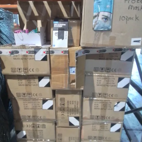 PALLET OF ASSORTED PPE AND PROTECTIVE ITEMS TO INCLUDE OBJECT HAND SANITISERS, FACE MASKS AND RFID BLOCKERS 