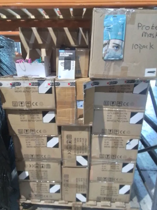 PALLET OF ASSORTED PPE AND PROTECTIVE ITEMS TO INCLUDE OBJECT HAND SANITISERS, FACE MASKS AND RFID BLOCKERS 