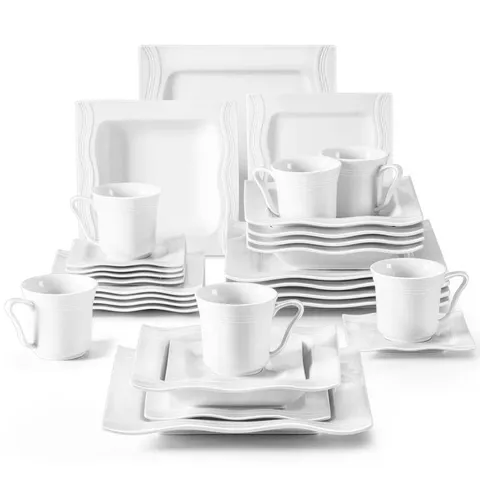 BOXED AYMEN 30-PIECE WHITE PORCELAIN CHINA SET 