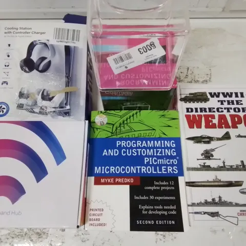 LOT OF 5 ASSORTED ITEMS TO INCLUDE WW2 WEAPONS BOOK, SKY ROUTER COOLING G STATION AND COSMETIC ORGANISER