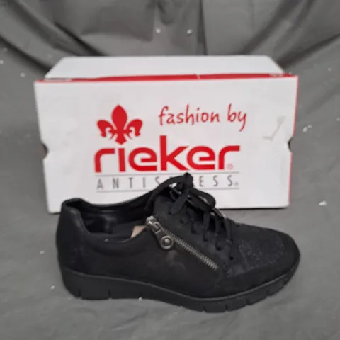 BOXED PAIR OF RIEKER WEDGE TRAINERS IN BLACK, UK SIZE 5