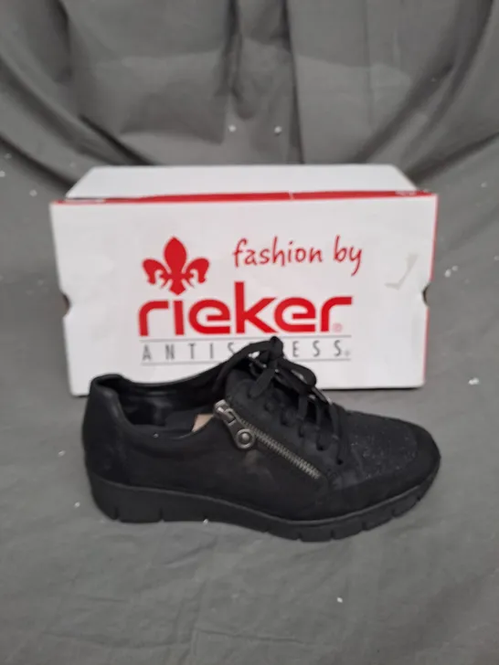 BOXED PAIR OF RIEKER WEDGE TRAINERS IN BLACK, UK SIZE 5