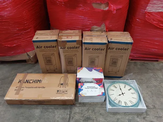 PALLET OF ASSORTED CONSUMER PRODUCTS TO INCLUDE: BOXED AIR COOLERS, 40" FITNESS TRAMPOLINE, TONER CARTRIDGES, WALL CLOCK ECT