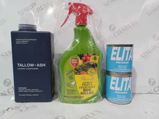 APPROXIMATELY 10 ASSORTED HOUSEHOLD ITEMS TO INCLUDE ELITA EPO-FUSION MITRE GLUE, PROVANTO BUG KILLER, TALLOW + ASH LAUNDRY CONDITIONER, ETC - COLLECTION ONLY