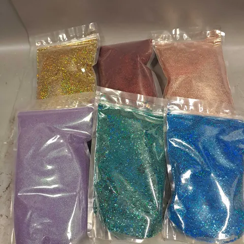 BOX OF APPROXIMATELY 15 SEALED ASSORTED GLITTER POUCHES TO INCLUDE - BLUE - PURPLE - GOLD - ETC - COLLECTION ONLY