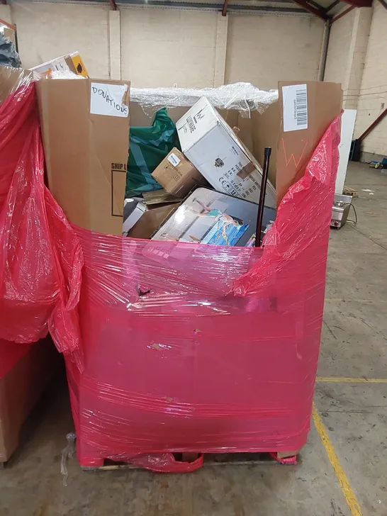 PALLET OF ASSORTED HOUSEHOLD ITEMS AND CONSUMER PRODUCTS TO INCLUDE; PRINTER, TOYS, BOXED FURNITURE ETC 