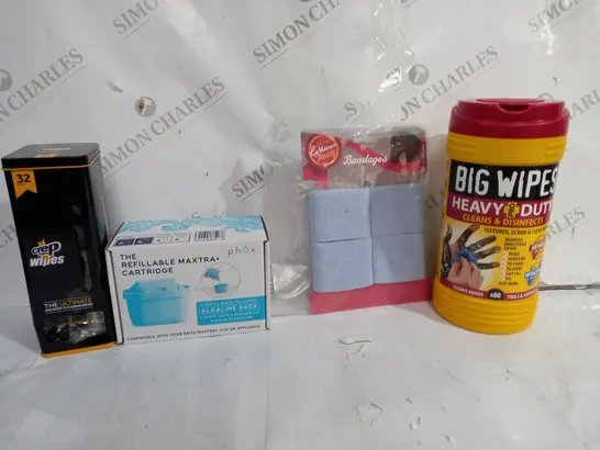 BOX OF APPROXIMATELY 13 ASSORTED ITEMS TO INCLUDE -CREP WIPES - BIG WIPES HEAVY DUTY - THE REFILLABLE MAXTRA CARTRIDGE ECT
