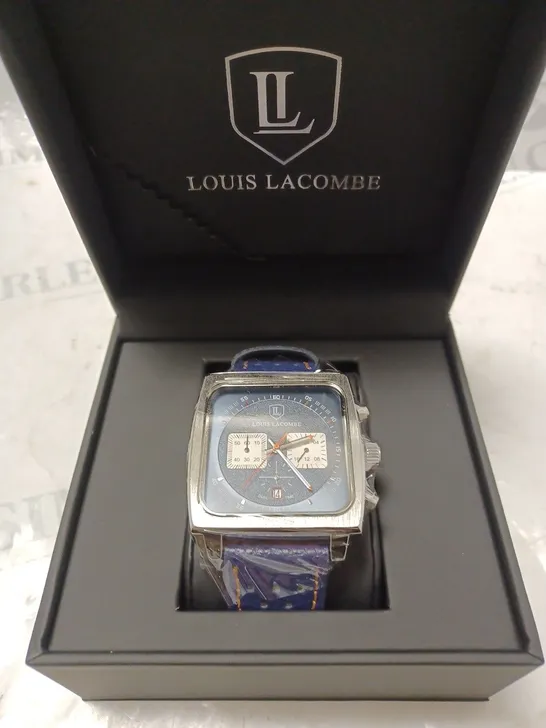 MENS LOUIS LACOMBE WATCH – SQUARE DIAL WITH WHITE SUB DIALS – LEATHER STRAP