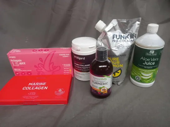 APPROXIMATELY 8 ASSORTED FOOD AND DRINK ITEMS TO INCLUDE ALOE VERA JUICE, FUNKIN PRO-COCKTAILS, TURNMERIC, WELLGARD AND ACTAGAIN JUICE - COLLECTION ONLY