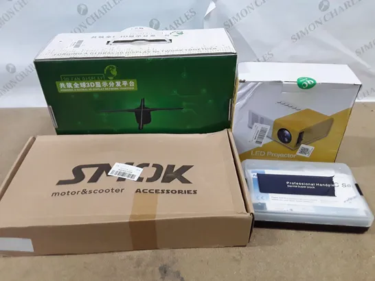 BOX CONTAINING APPROXIMATELY 25 ASSORTED PRODUCTS INCLUDING DRILL HANDPIECE, LED PROJECTOR, AC ADAPTER, 3D FAN DISPLAY