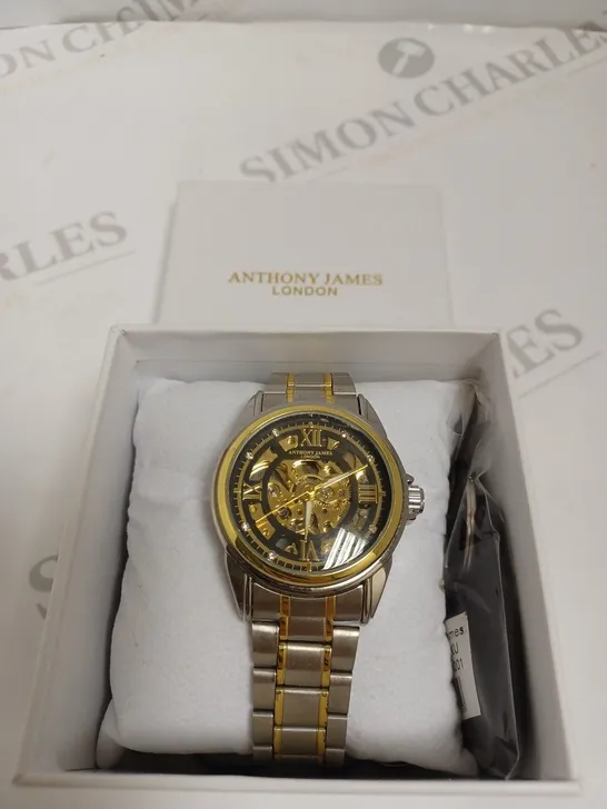 BOXED ANTHONY JAMES GENTS LIMITED EDITION SKELETON AUTOMATIC STAINLESS STEEL WATCH - GOLD