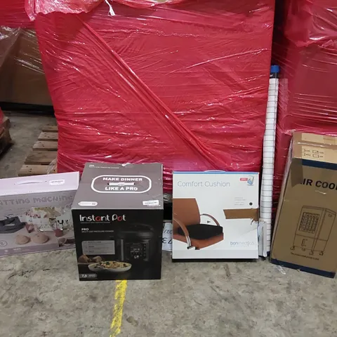 PALLET OF ASSORTED ITEMS INCLUDING: PRESSURE COOKER, AIR COOLER, KNITTING MACHINE, CHAIR CUSHION, LARGE CALANDER 
