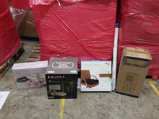 PALLET OF ASSORTED ITEMS INCLUDING: PRESSURE COOKER, AIR COOLER, KNITTING MACHINE, CHAIR CUSHION, LARGE CALANDER 