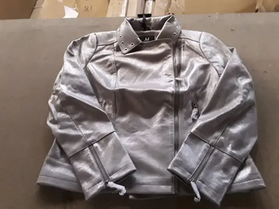 BOX OF APPROXIMATELY 13 JULIEN MACDONALD METALLIC BIKER JACKET IN SILVER SIZE 14